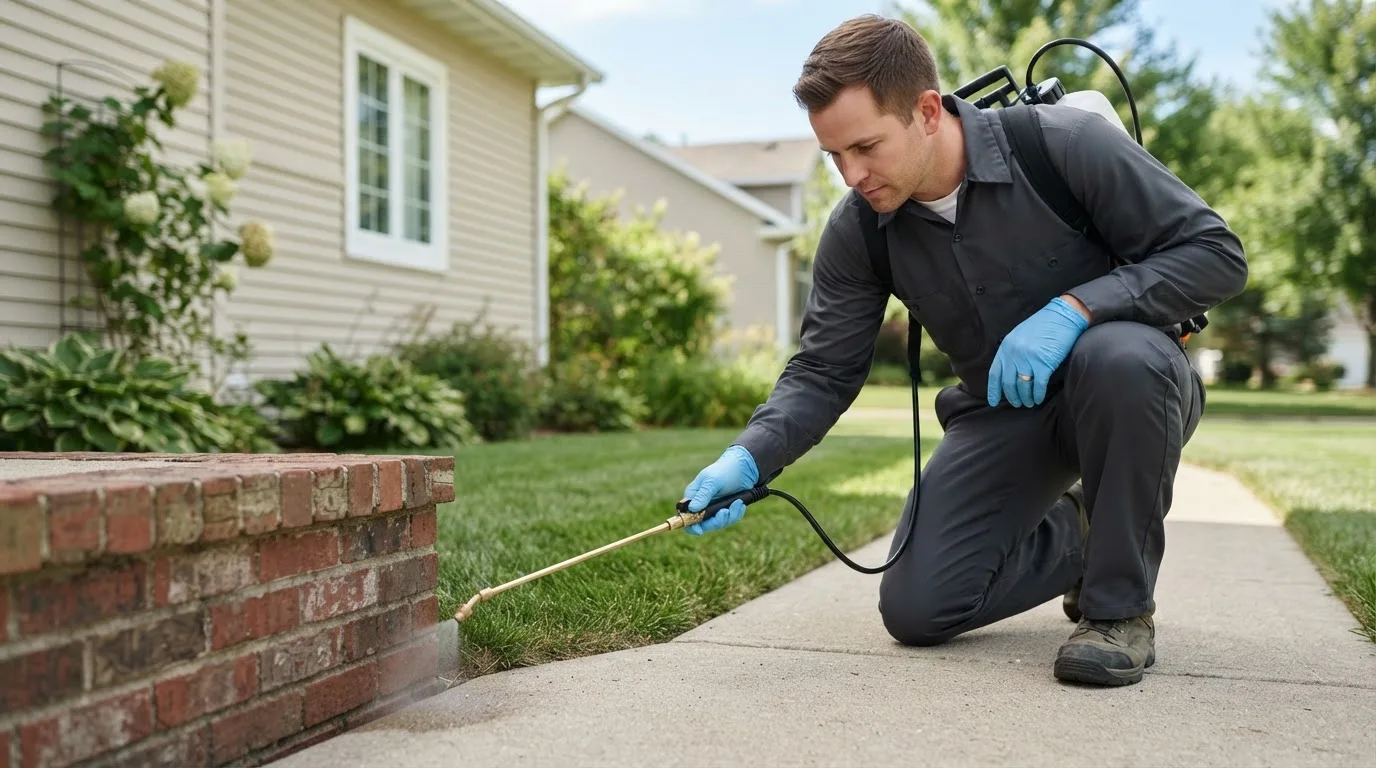Pest control technician treating a home near Oldsmar, FL